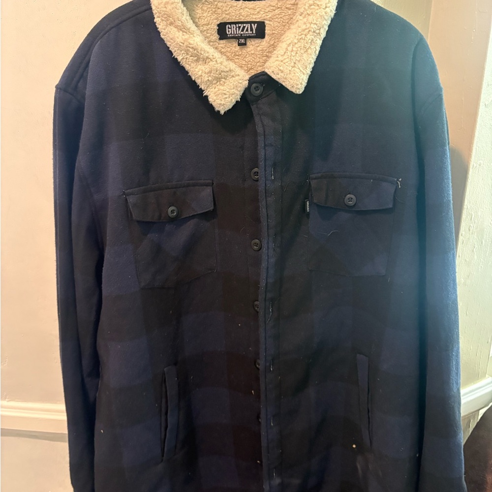 Grizzly Men's Navy and Black Checkered Jacket with Sherpa Collar